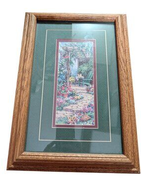 Garden Hideaway Print By Barbara Mock 11x15.5 in Solid Oak Frame Home Interiors